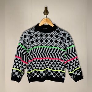 Vintage R.J. Pumpkin Geometric Knit Sweater Y2K Graphic Black White Neon